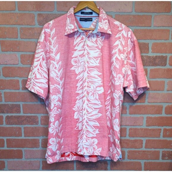 Tommy Hilfiger Mens Hawaiian Shirt Red White Floral Size XL Resort Tiki Tropical - Picture 1 of 11